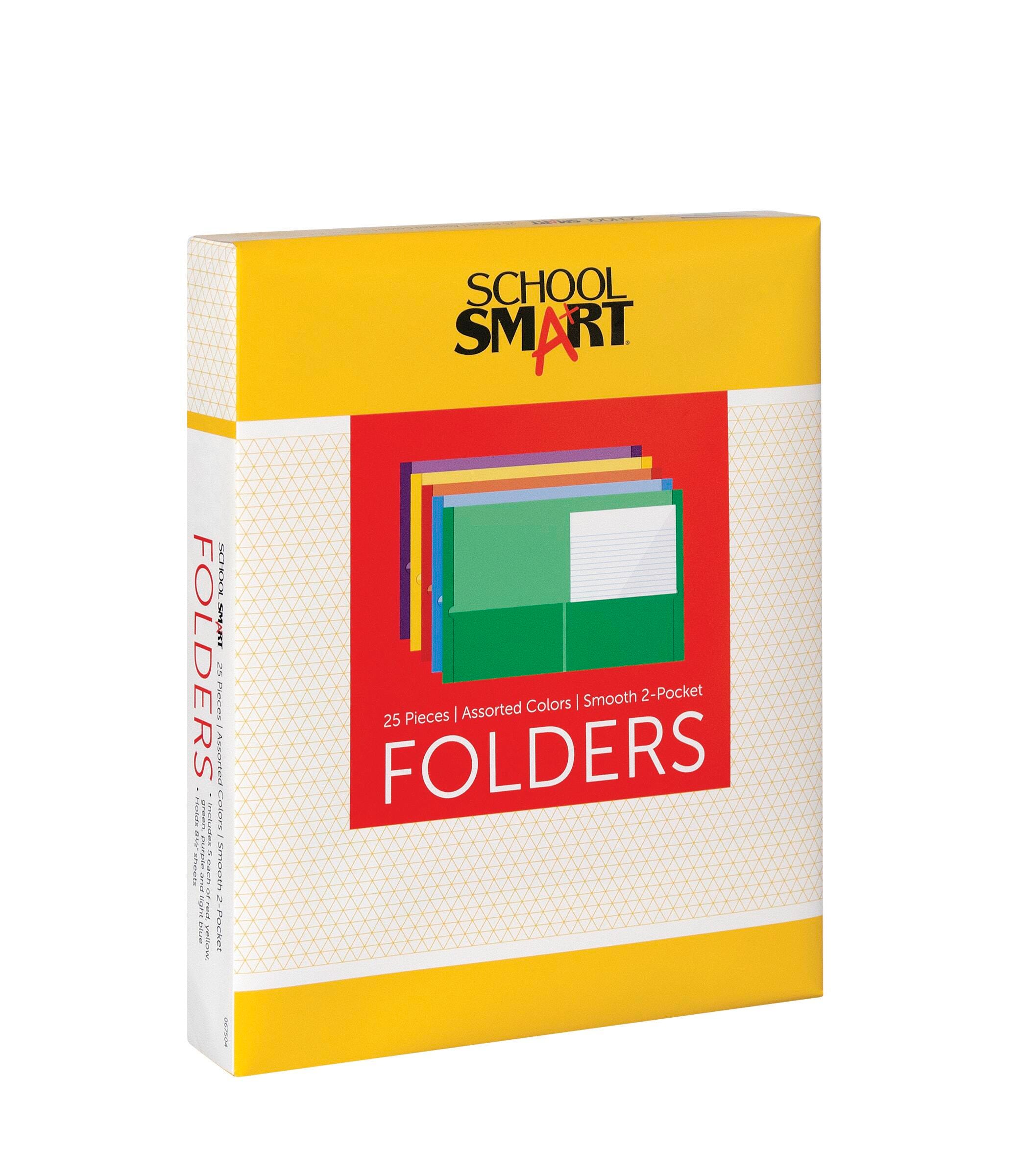 School Smart Smooth 2-Pocket Folder, Assorted Colors, Pack of 25 067504